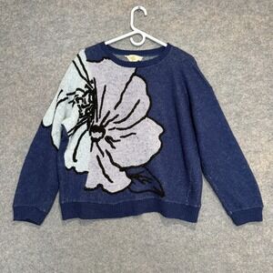 Anthropologie HWR Monogram Maveles Flower Sweater Womens‎ Large Blue Wool Blend